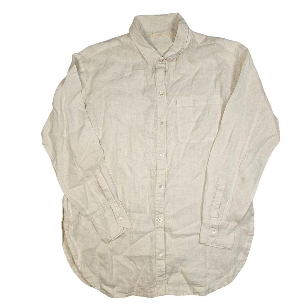 Athleta Womens Small White Linen Button Down Long Sleeve Shirt Relaxed Fit Top